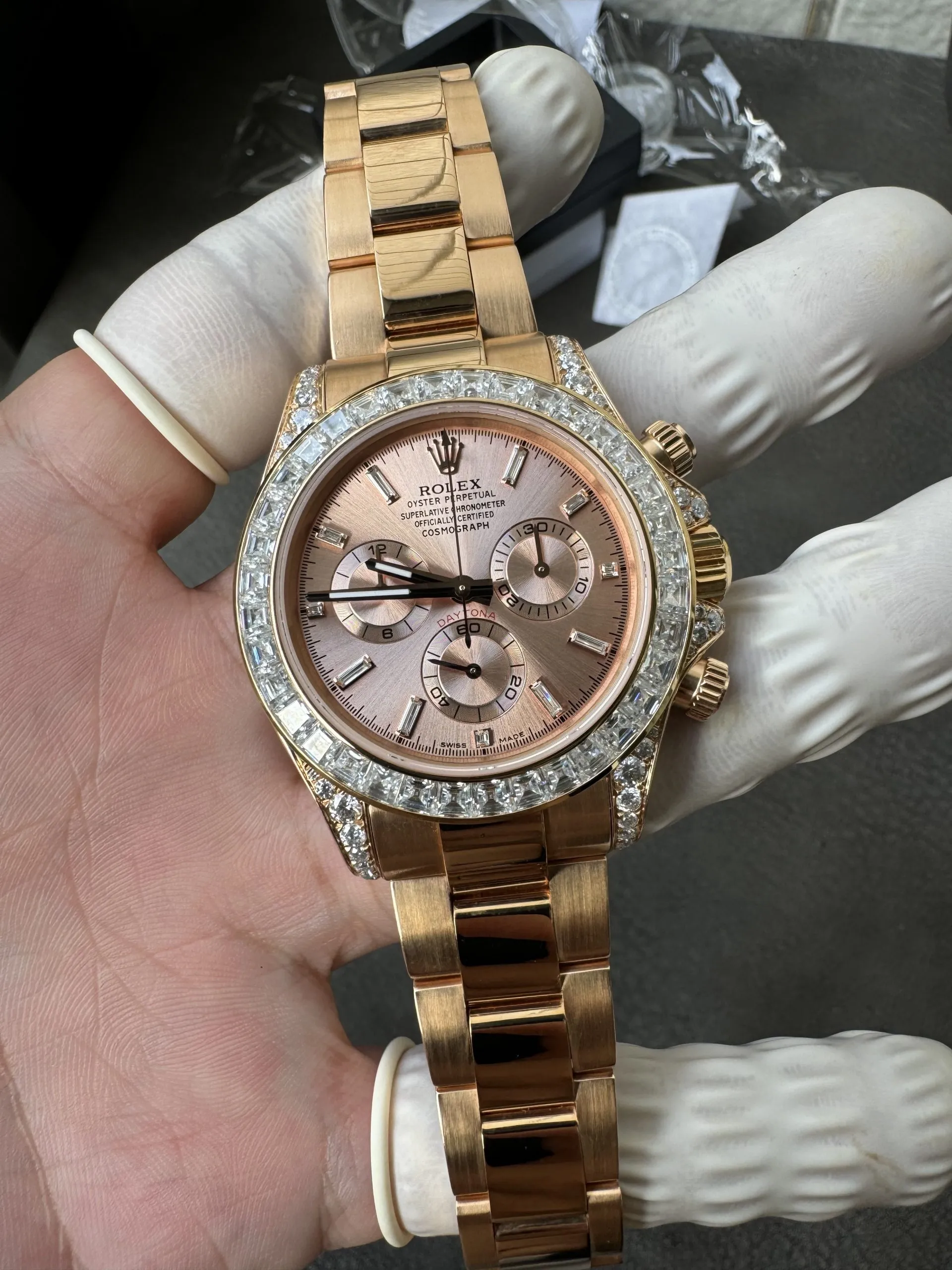 Clean Factory Custom ICE Out Daytona 126595TBR Rose Gold Case Set with Diamonds Pink Dial with Diamond Indexs ACE Free-sprung Balance 4131 Caliber – Clean Factory Watch | The Best Super Clone Watches Store in China photo 3