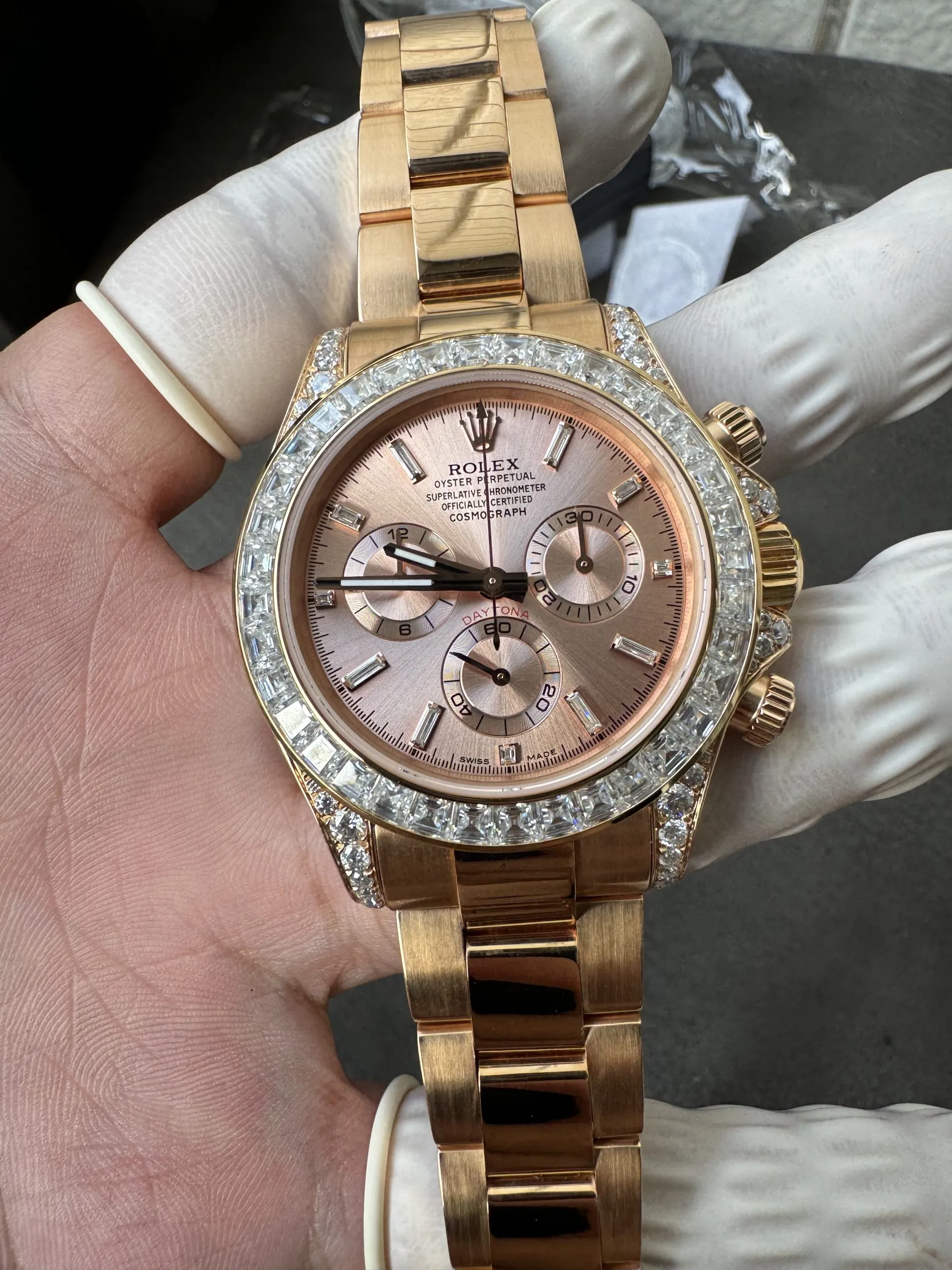 Clean Factory Custom ICE Out Daytona 126595TBR Rose Gold Case Set with Diamonds Pink Dial with Diamond Indexs ACE Free-sprung Balance 4131 Caliber – Clean Factory Watch | The Best Super Clone Watches Store in China photo 4