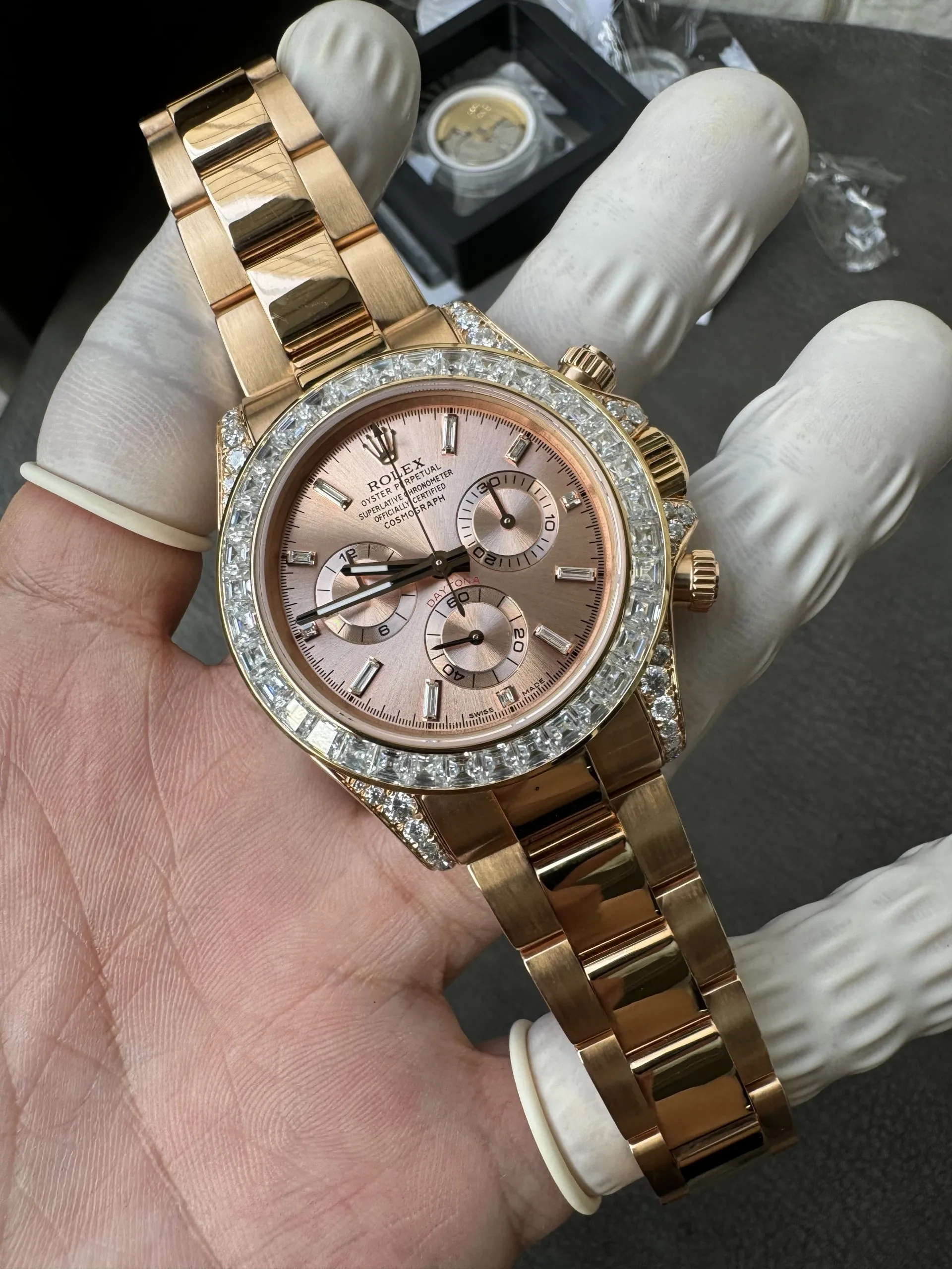 Clean Factory Custom ICE Out Daytona 126595TBR Rose Gold Case Set with Diamonds Pink Dial with Diamond Indexs ACE Free-sprung Balance 4131 Caliber – Clean Factory Watch | The Best Super Clone Watches Store in China photo 5
