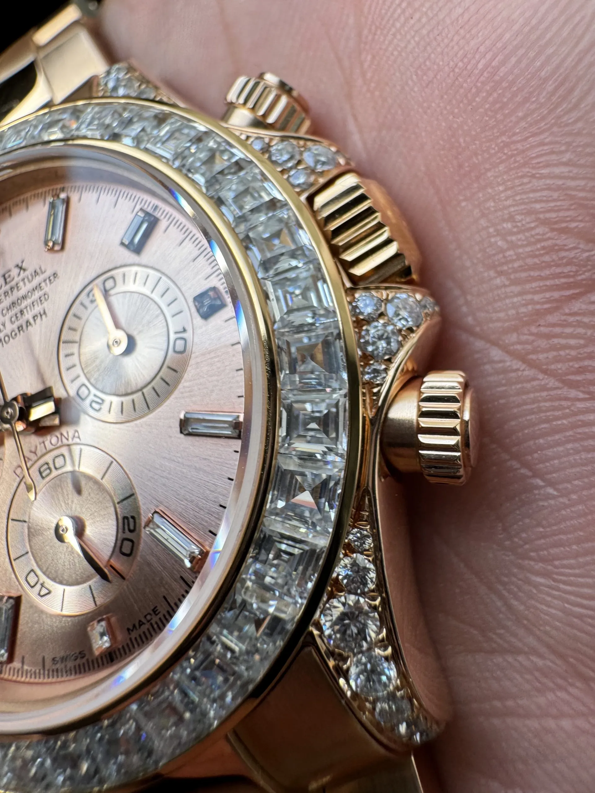 Clean Factory Custom ICE Out Daytona 126595TBR Rose Gold Case Set with Diamonds Pink Dial with Diamond Indexs ACE Free-sprung Balance 4131 Caliber – Clean Factory Watch | The Best Super Clone Watches Store in China photo 7