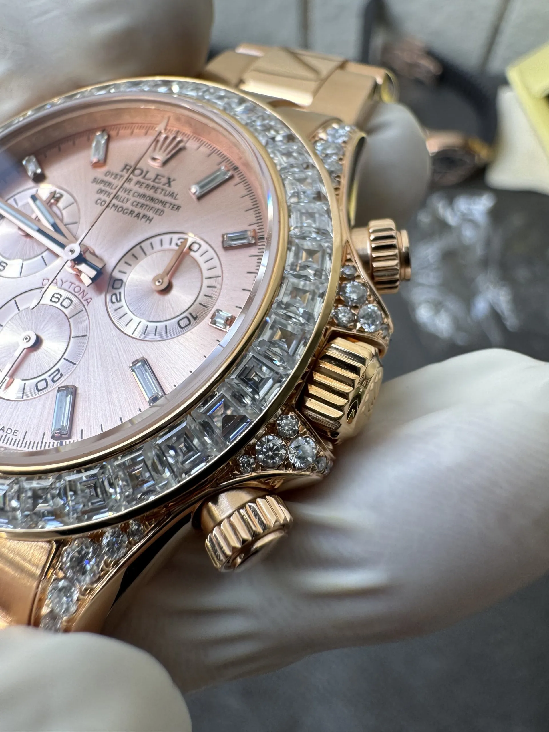 Clean Factory Custom ICE Out Daytona 126595TBR Rose Gold Case Set with Diamonds Pink Dial with Diamond Indexs ACE Free-sprung Balance 4131 Caliber – Clean Factory Watch | The Best Super Clone Watches Store in China photo 8