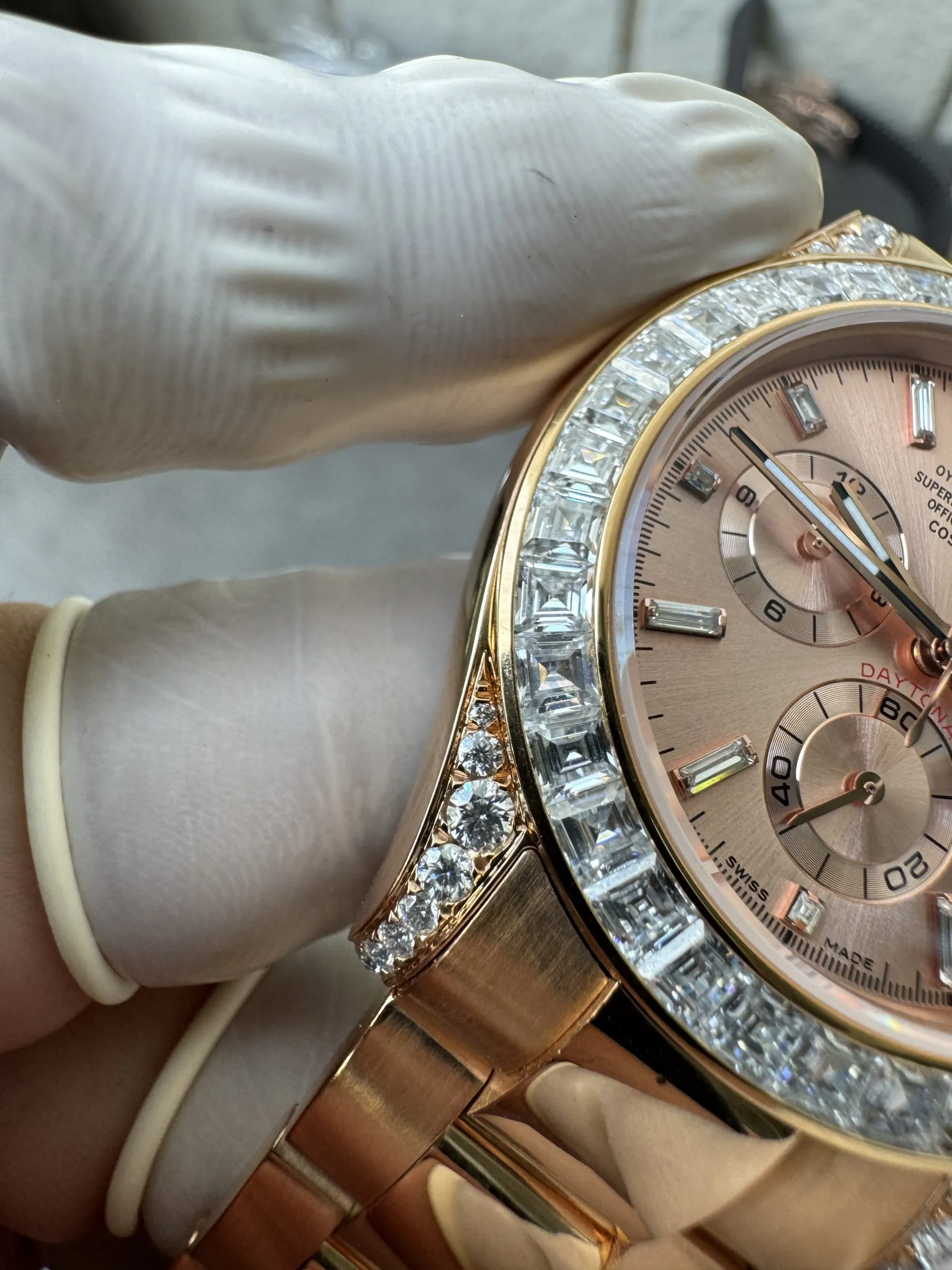 Clean Factory Custom ICE Out Daytona 126595TBR Rose Gold Case Set with Diamonds Pink Dial with Diamond Indexs ACE Free-sprung Balance 4131 Caliber – Clean Factory Watch | The Best Super Clone Watches Store in China photo 10