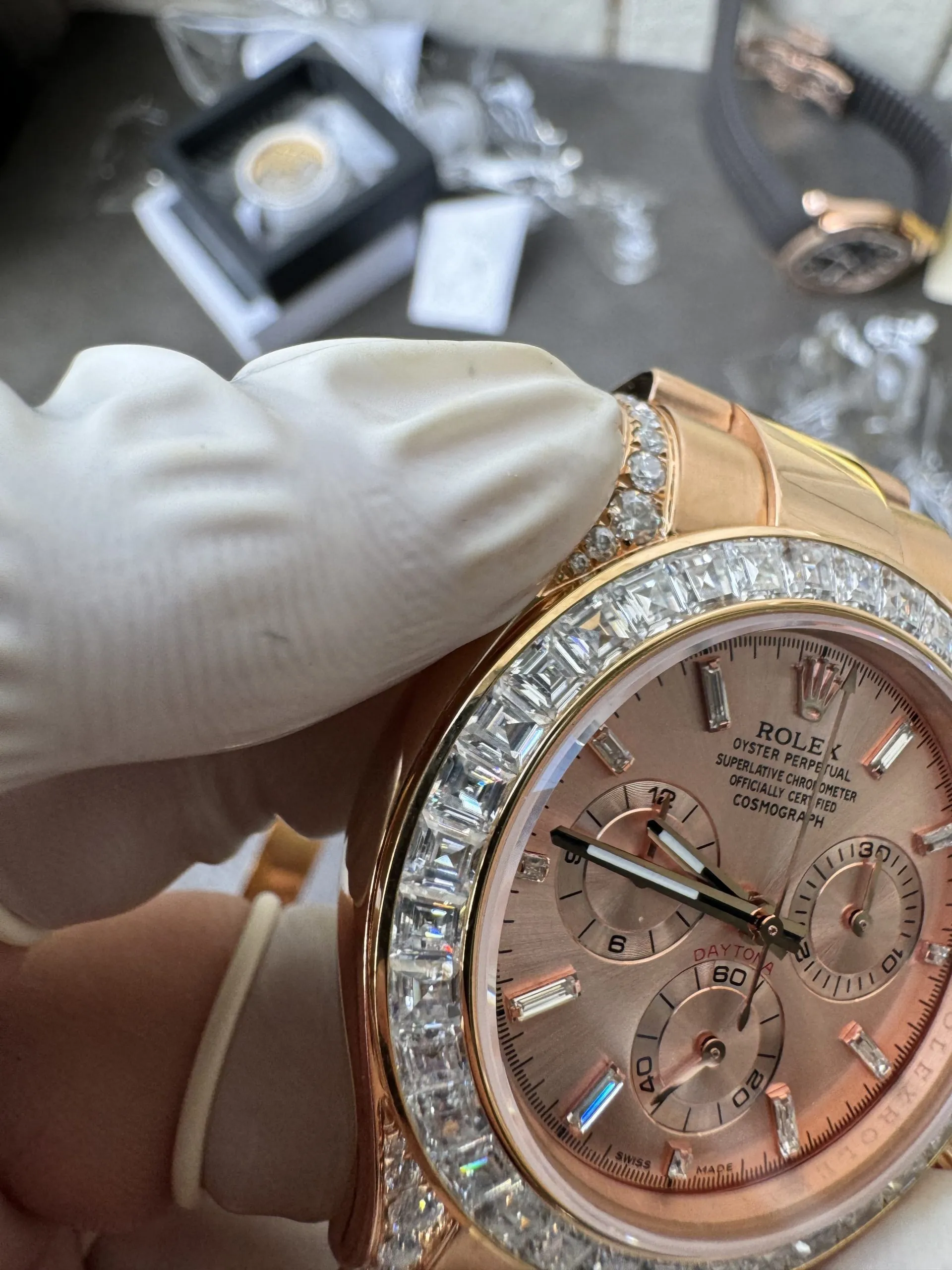 Clean Factory Custom ICE Out Daytona 126595TBR Rose Gold Case Set with Diamonds Pink Dial with Diamond Indexs ACE Free-sprung Balance 4131 Caliber – Clean Factory Watch | The Best Super Clone Watches Store in China photo 11