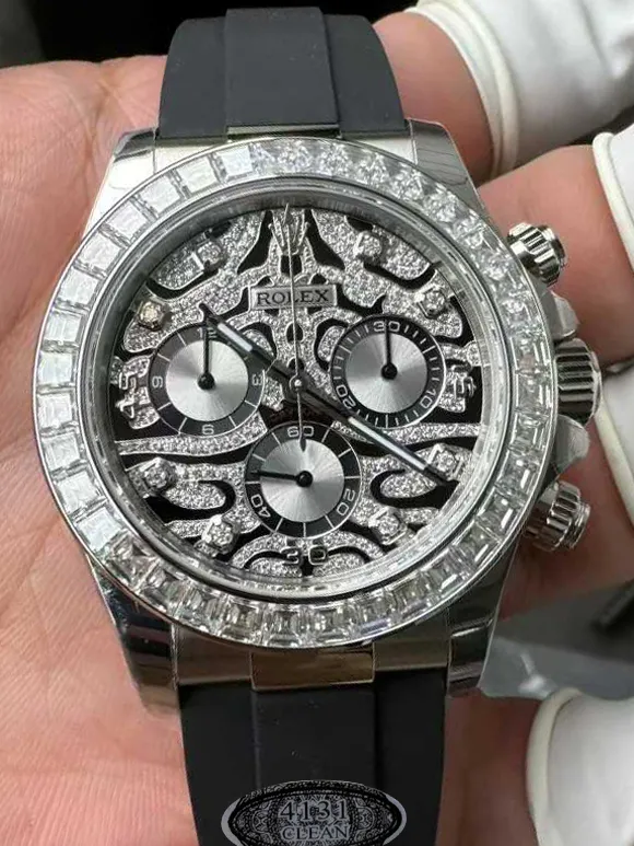 Clean Factory Daytona ‘Eye of the Tiger’ 126589TBR Wrapped Platinum 40mm Black Diamond Motif Dial Baguette Bezel Oysterflex Strap DD4131 Movement – Clean Factory Watch | The Best Super Clone Watches Store in China