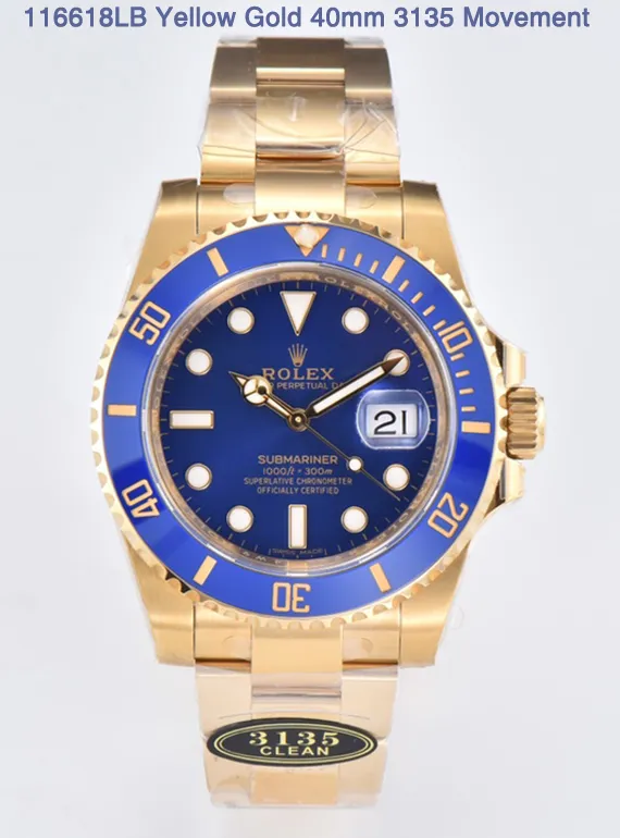 Clean Factory Submariner 116618LB 40mm Blue Dial & Ceramic Bezel Full Yellow Gold Plated Case & Oyster Bracelet VS3135 Movement – Clean Factory Watch | The Best Super Clone Watches Store in China
