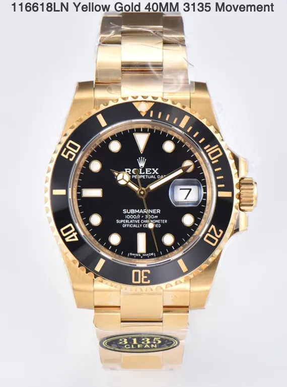 Clean Factory Submariner 116618LN 40mm Black Dial & Ceramic Bezel Full Yellow Gold Plated Case & Oyster Bracelet SH3135 Movement – Clean Factory Watch | The Best Super Clone Watches Store in China