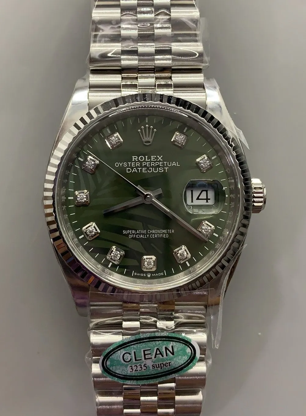 Clean Factory Watch DateJust 36mm 126234 Green Palm motif Dial with Diamond Hour Markers 904L Steel on Jubilee Bracelet SH3235 Movement – Clean Factory Watch | The Best Super Clone Watches Store in China