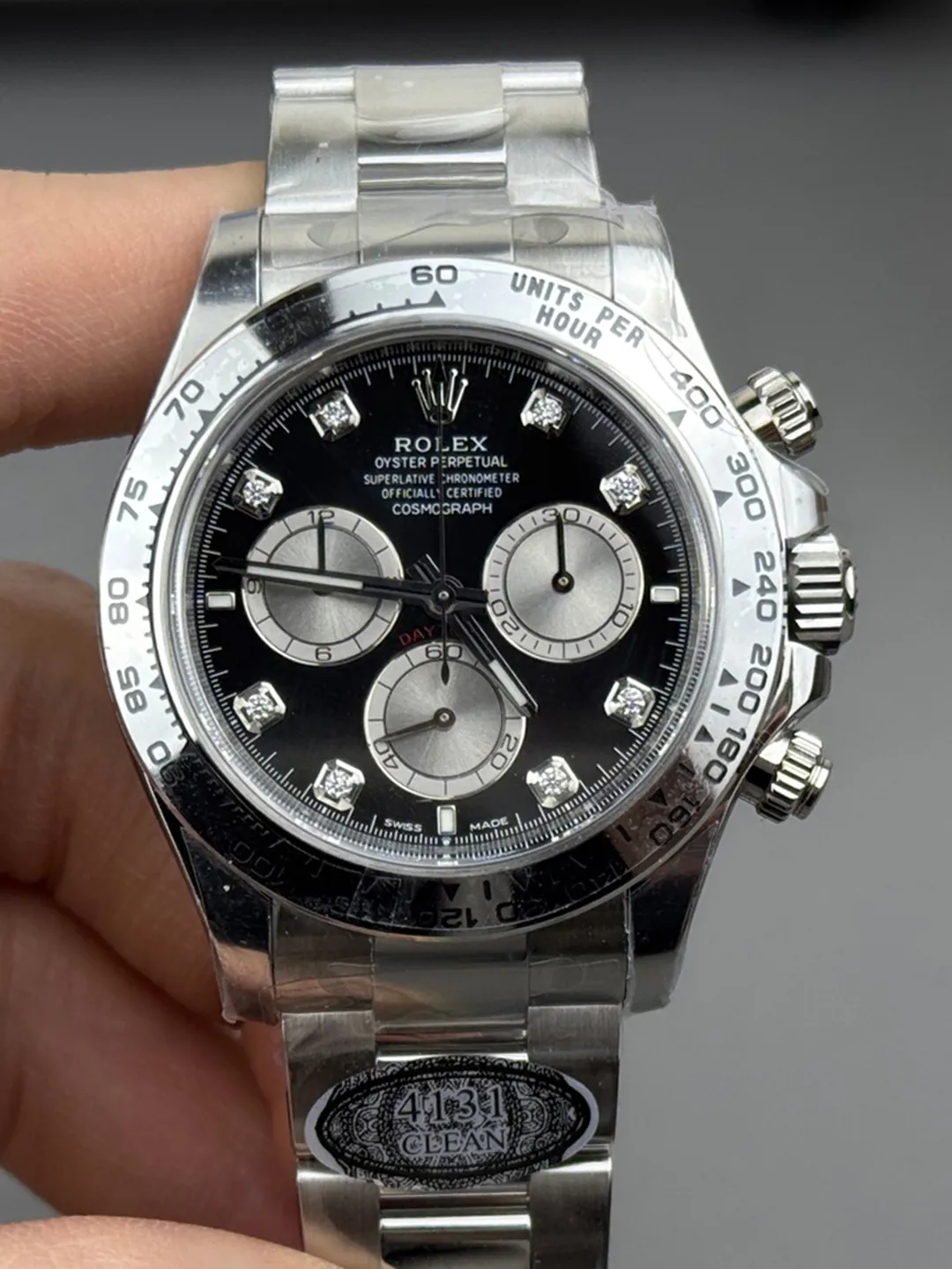 Clean Factory Watches Daytona 126509 Black Dial Diamonds Hour Markers Silver Chrono Sub-Dial 904L Steel Case Oyster Bracelet SH4131 Movement – Clean Factory Watch | The Best Super Clone Watches Store in China