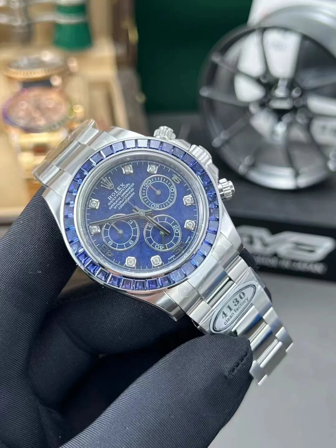 Premium Custom Daytona 116519 Blue Sodalite Dial Diamonds Bezel and Indexes Based on Clean Factory Daytona DD4130 Movement Oyster Bracelet – Clean Factory Watch | The Best Super Clone Watches Store in China photo 3
