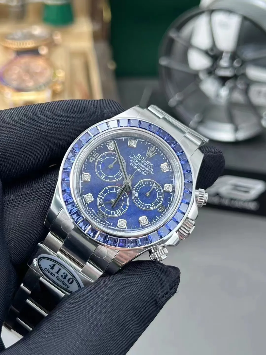 Premium Custom Daytona 116519 Blue Sodalite Dial Diamonds Bezel and Indexes Based on Clean Factory Daytona DD4130 Movement Oyster Bracelet – Clean Factory Watch | The Best Super Clone Watches Store in China photo 4