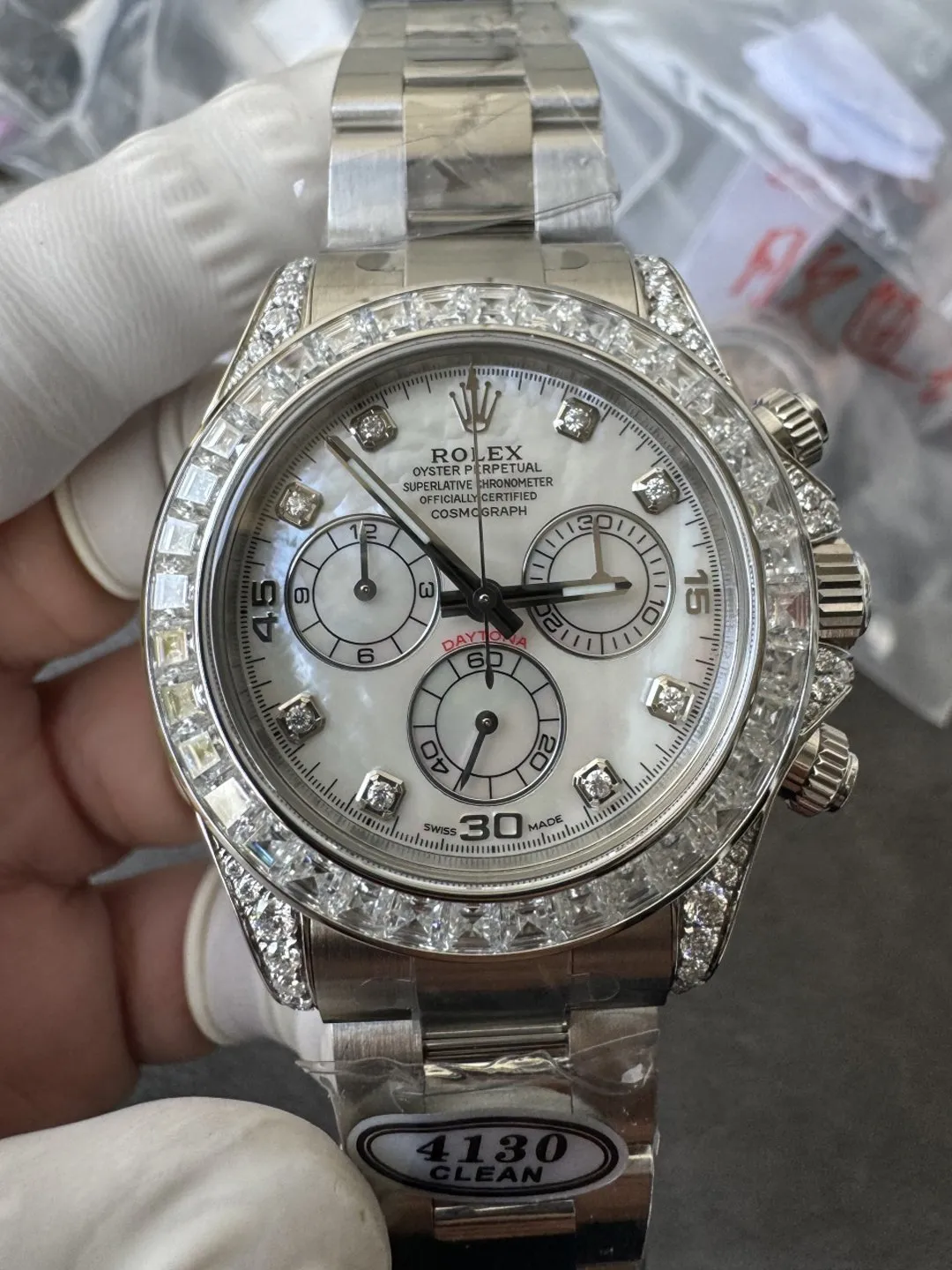 Premium Customized Daytona 116589 MOP Dial Diamonds Hour Markers Diamonds Sets White Gold Case and Bezel Based on Clean Factory DD4130 Movement – Clean Factory Watch | The Best Super Clone Watches Store in China