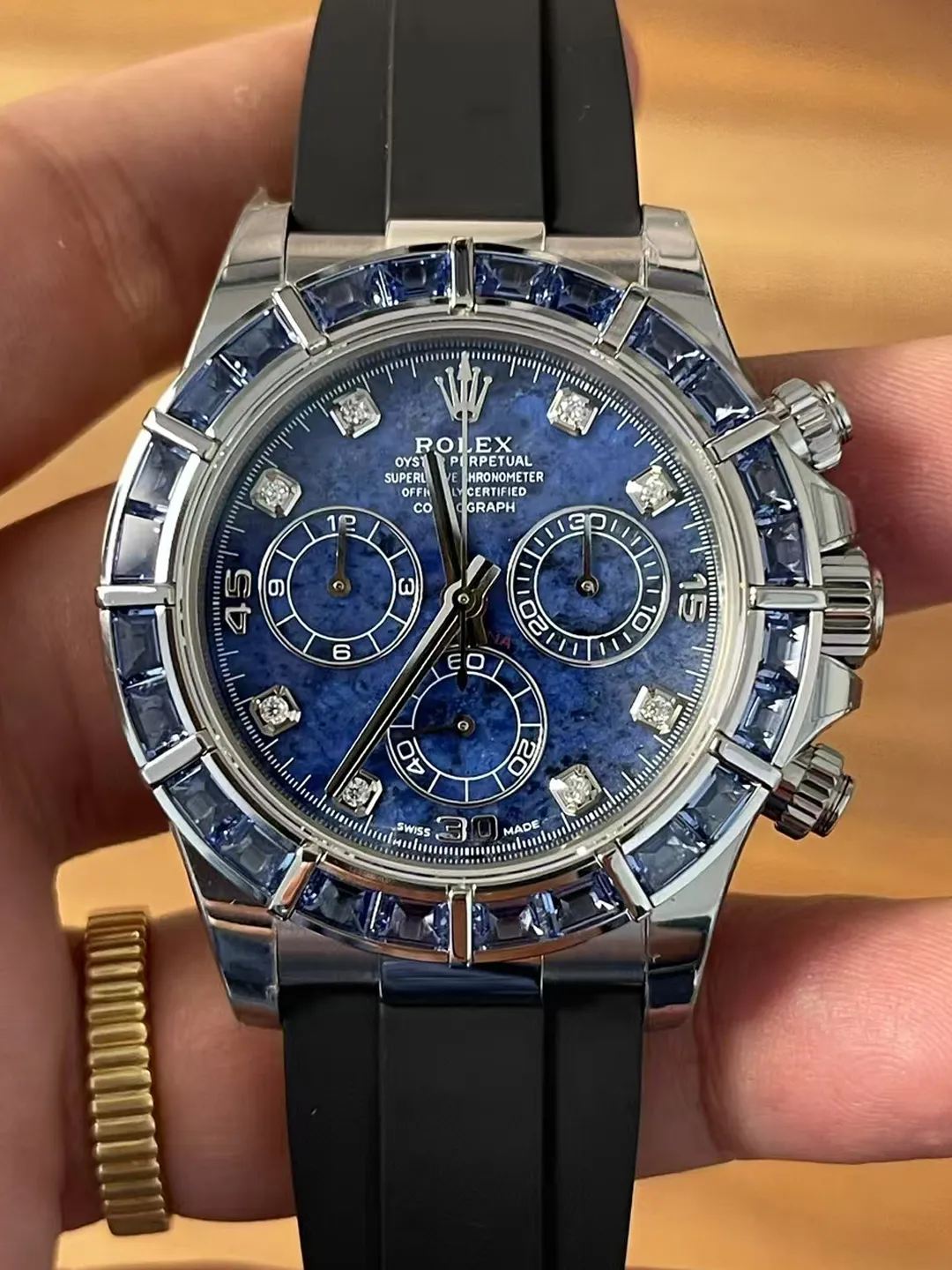 Premium Customized Rolex Daytona 116519 Blue Sodalite Dial Diamonds Bezel and Indexes White Gold Case Based on Clean Factory Daytona DD4130 Movement Oysterflex Strap – Clean Factory Watch | The Best Super Clone Watches Store in China