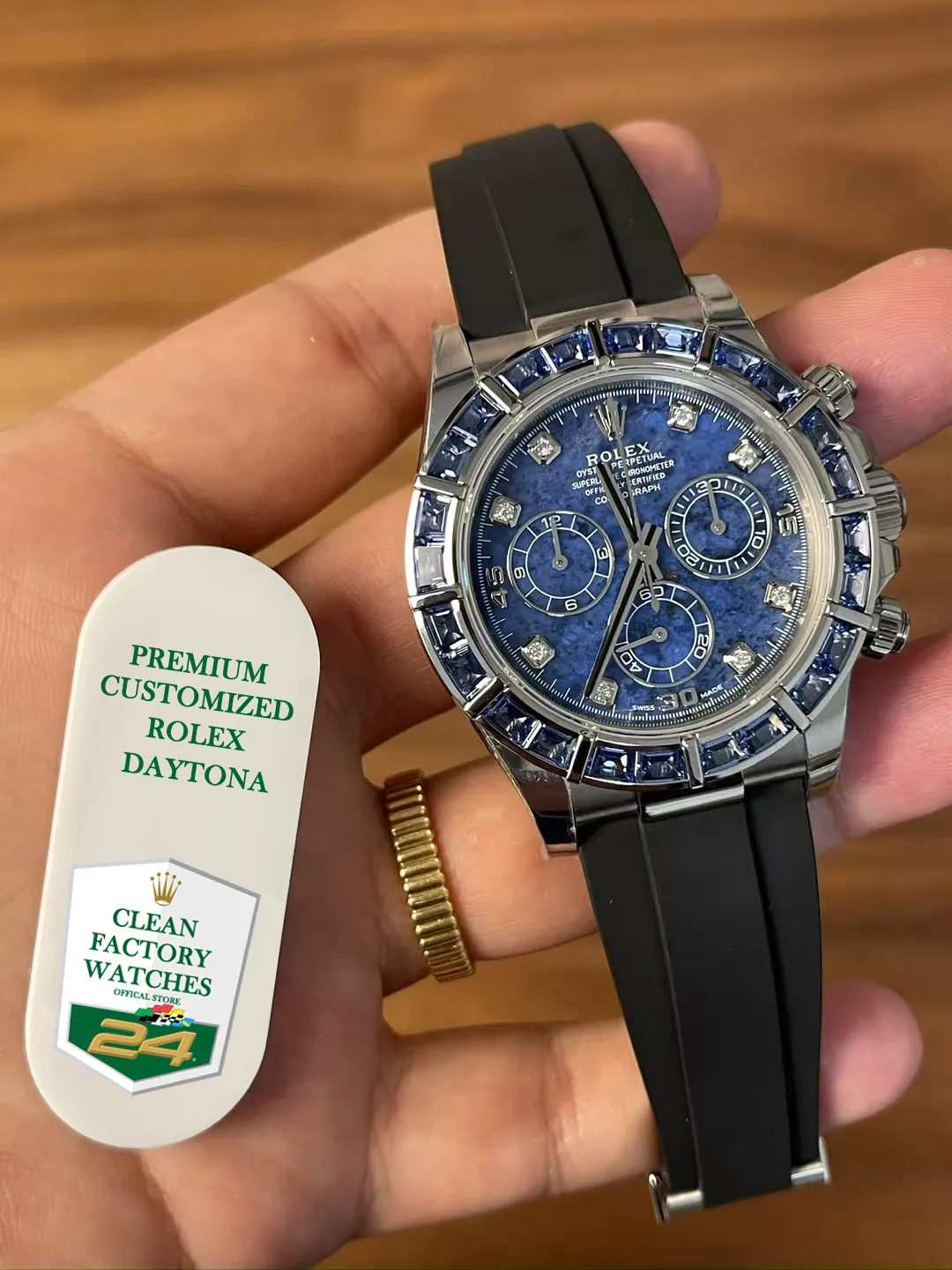 Premium Customized Rolex Daytona 116519 Blue Sodalite Dial Diamonds Bezel and Indexes White Gold Case Based on Clean Factory Daytona DD4130 Movement Oysterflex Strap – Clean Factory Watch | The Best Super Clone Watches Store in China photo 6