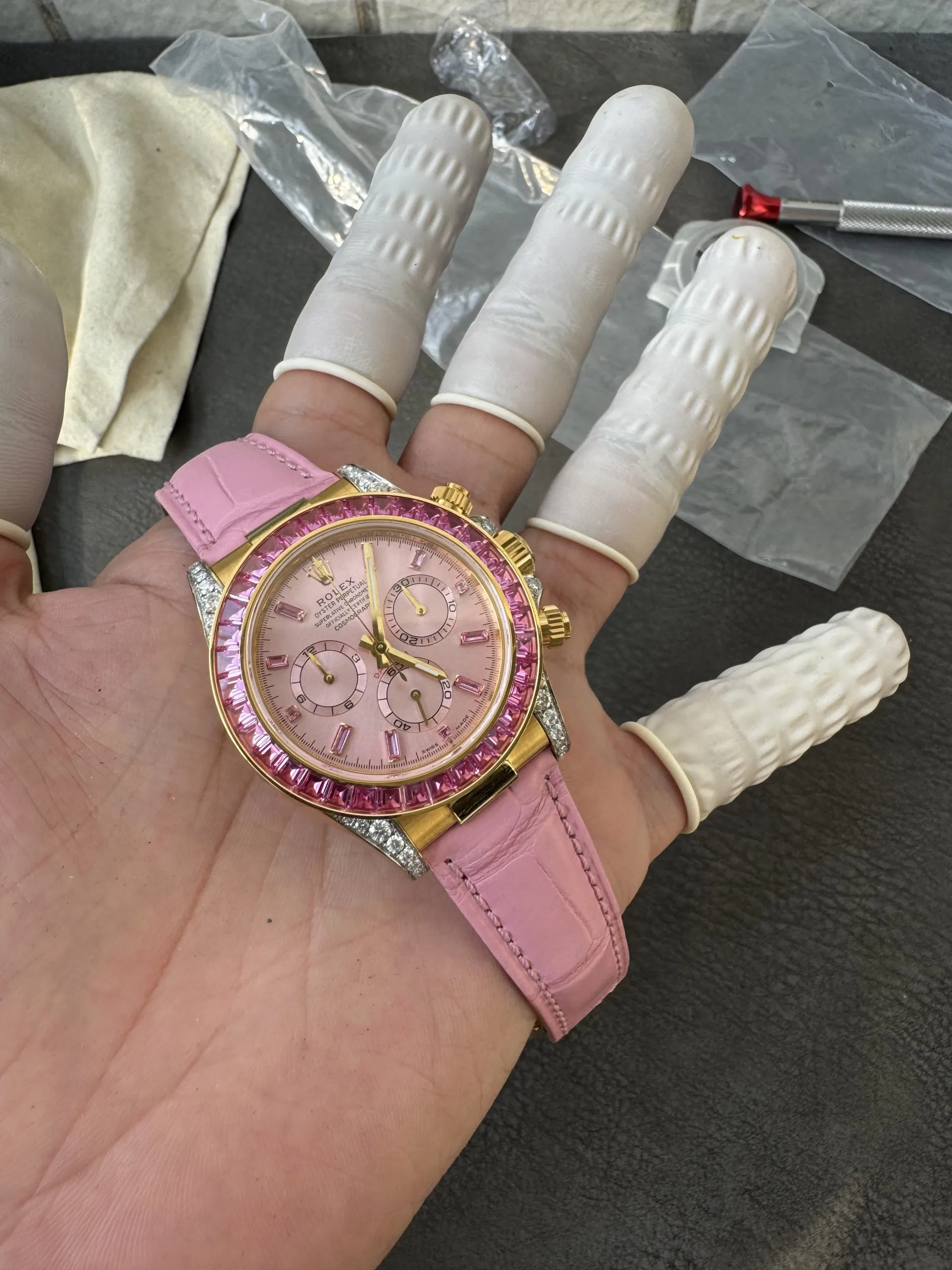 Super Clone Custom Lady Daytona 126538TRO Wrapped 18K Yellow Gold Case Pink Dial wtih Diamond Indexes Pink Diamonds Bezel Pink Leather Strap ACE Free-Sprung Balance 4131 Movement – Clean Factory Watch | The Best Super Clone Watches Store in China photo 3