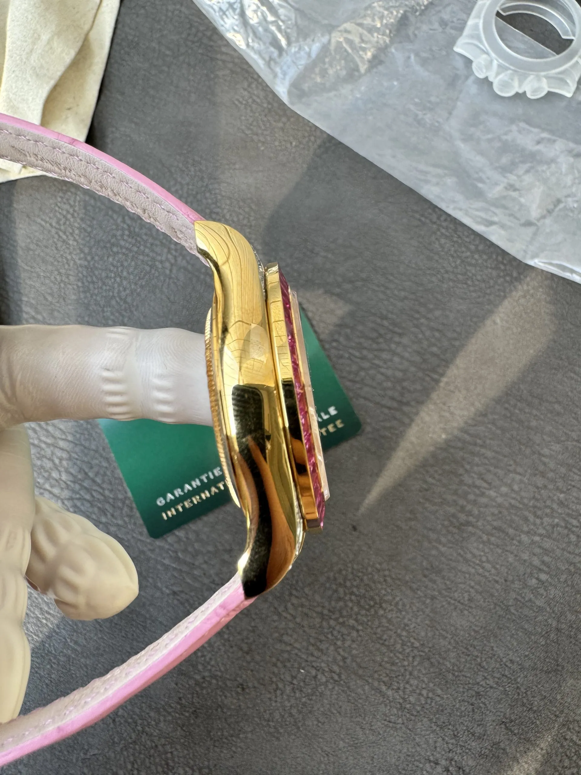Super Clone Custom Lady Daytona 126538TRO Wrapped 18K Yellow Gold Case Pink Dial wtih Diamond Indexes Pink Diamonds Bezel Pink Leather Strap ACE Free-Sprung Balance 4131 Movement – Clean Factory Watch | The Best Super Clone Watches Store in China photo 9