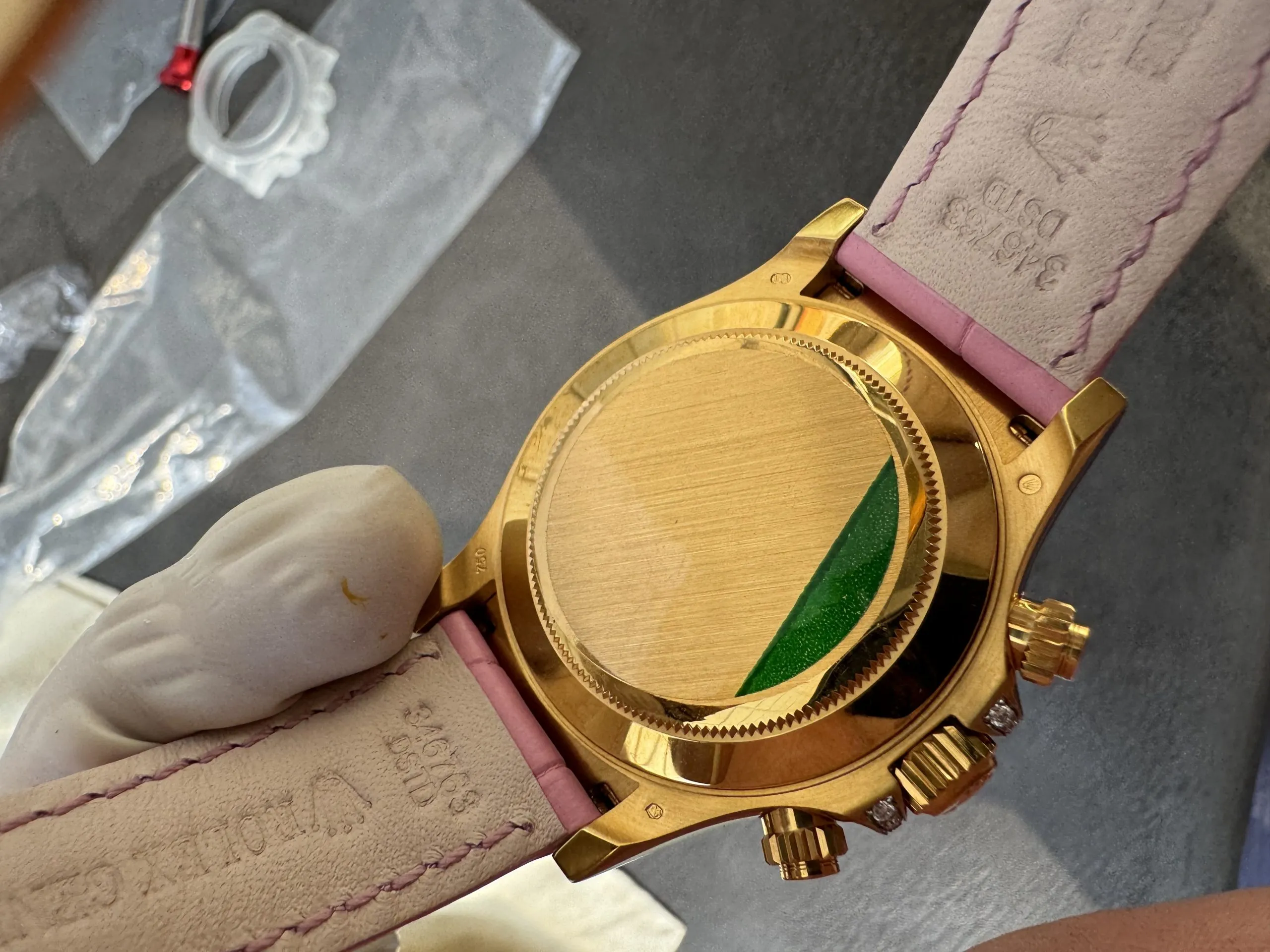 Super Clone Custom Lady Daytona 126538TRO Wrapped 18K Yellow Gold Case Pink Dial wtih Diamond Indexes Pink Diamonds Bezel Pink Leather Strap ACE Free-Sprung Balance 4131 Movement – Clean Factory Watch | The Best Super Clone Watches Store in China photo 10