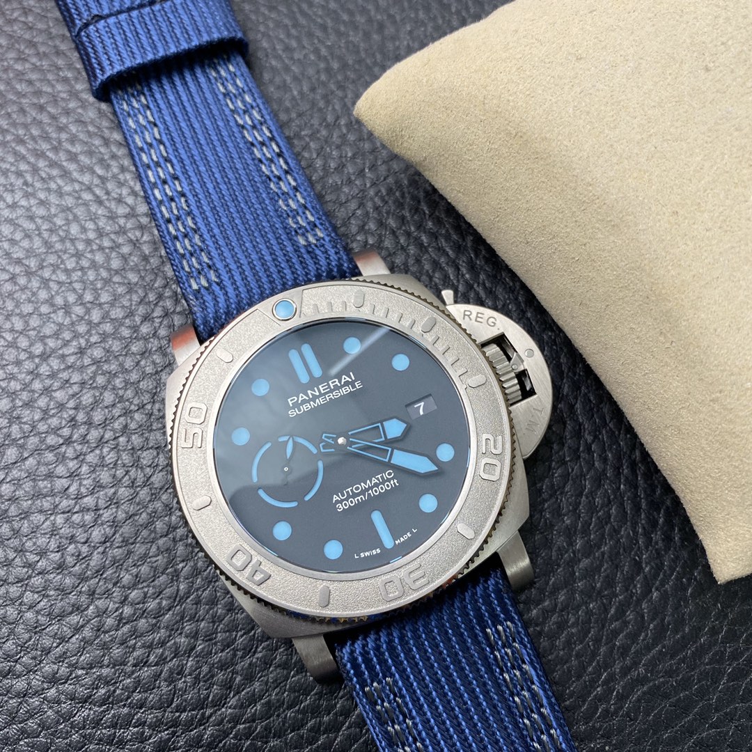 VS Factory Panerai Submersible 47mm Black Dial Blue Luminous Dots, Indexes, and Skeletonized Hands Titanium Bezel Blue Fabric Strap(PAM00985) 1:1 Super Clone – DDP.9010 Movement - VS Factory Official