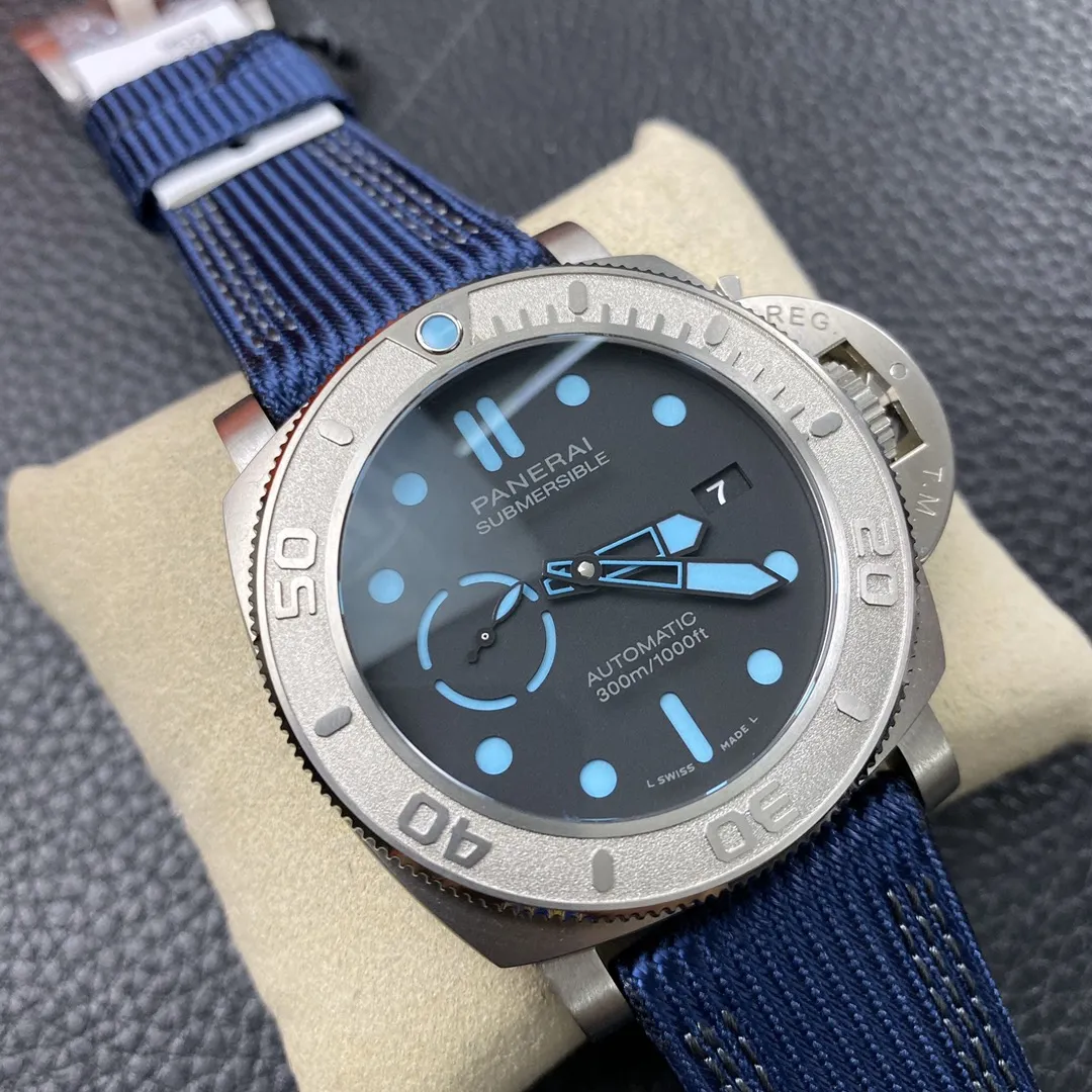 VS Factory Panerai Submersible 47mm Black Dial Blue Luminous Dots, Indexes, and Skeletonized Hands Titanium Bezel Blue Fabric Strap(PAM00985) 1:1 Super Clone – DDP.9010 Movement - VS Factory Official photo 3