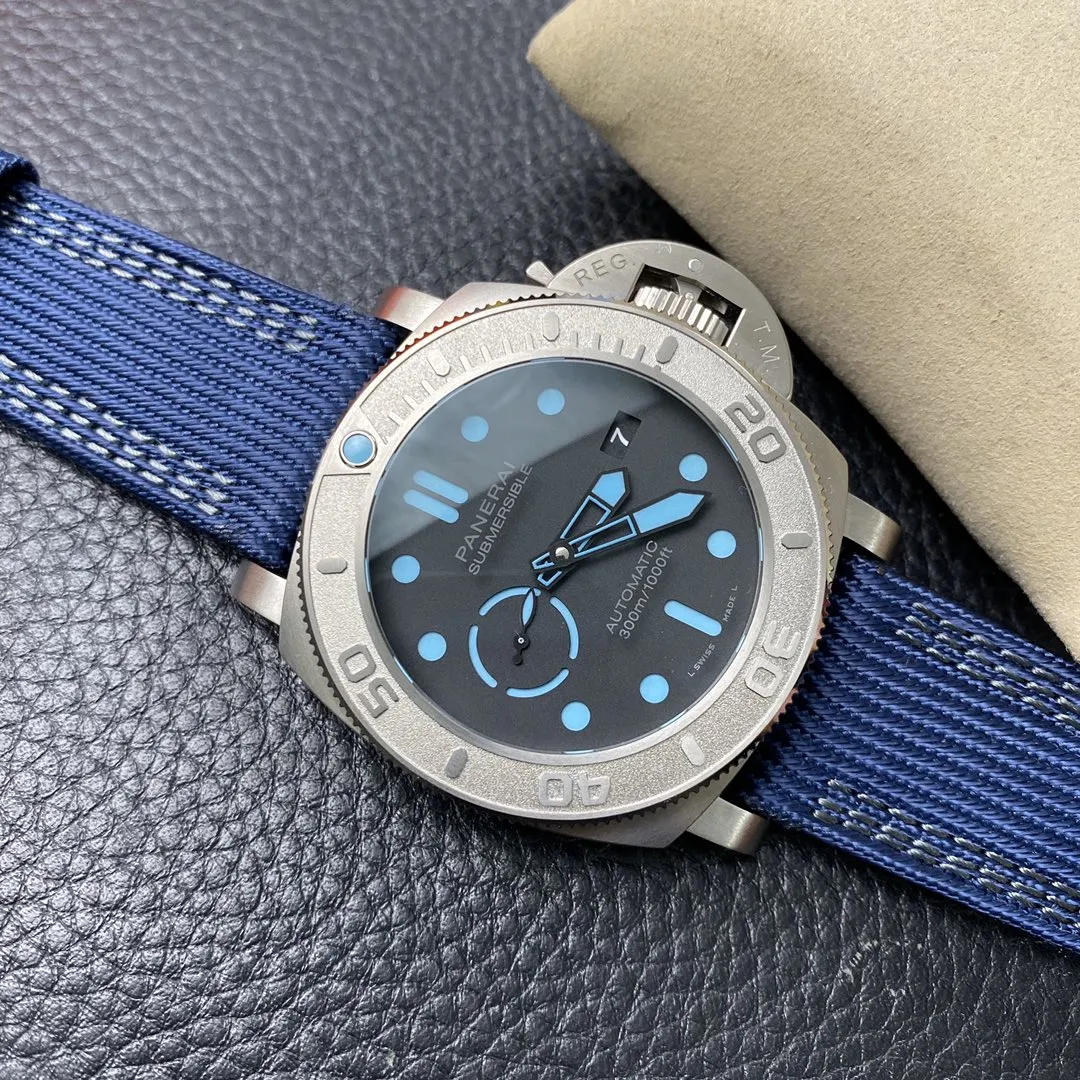 VS Factory Panerai Submersible 47mm Black Dial Blue Luminous Dots, Indexes, and Skeletonized Hands Titanium Bezel Blue Fabric Strap(PAM00985) 1:1 Super Clone – DDP.9010 Movement - VS Factory Official photo 4