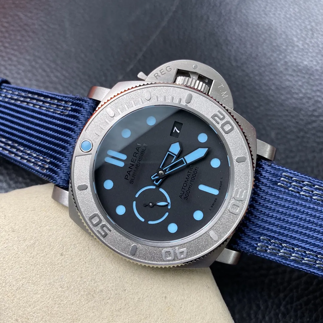 VS Factory Panerai Submersible 47mm Black Dial Blue Luminous Dots, Indexes, and Skeletonized Hands Titanium Bezel Blue Fabric Strap(PAM00985) 1:1 Super Clone – DDP.9010 Movement - VS Factory Official photo 5