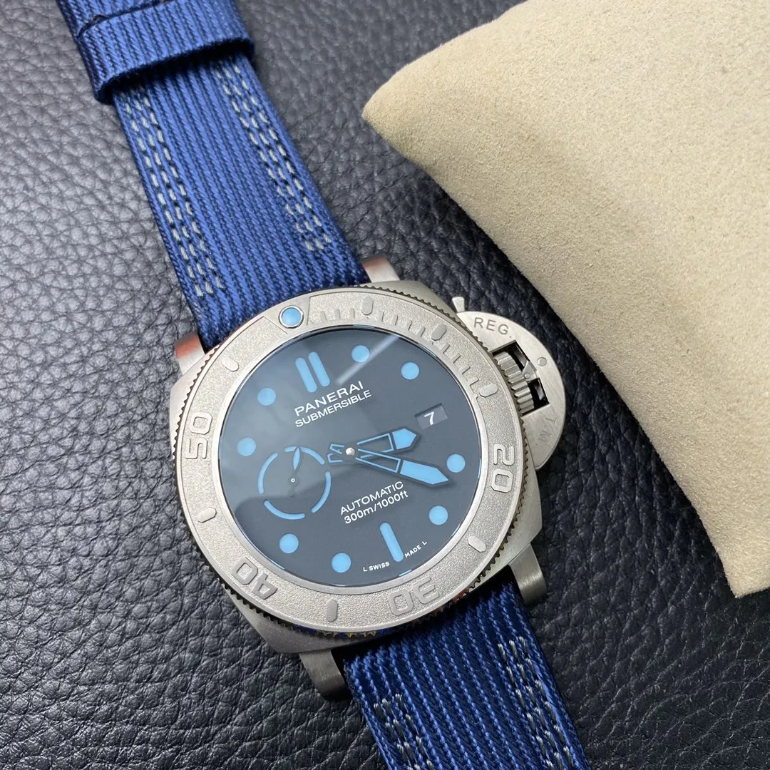 VS Factory Panerai Submersible 47mm Black Dial Blue Luminous Dots, Indexes, and Skeletonized Hands Titanium Bezel Blue Fabric Strap(PAM00985) 1:1 Super Clone – DDP.9010 Movement - VS Factory Official photo 6