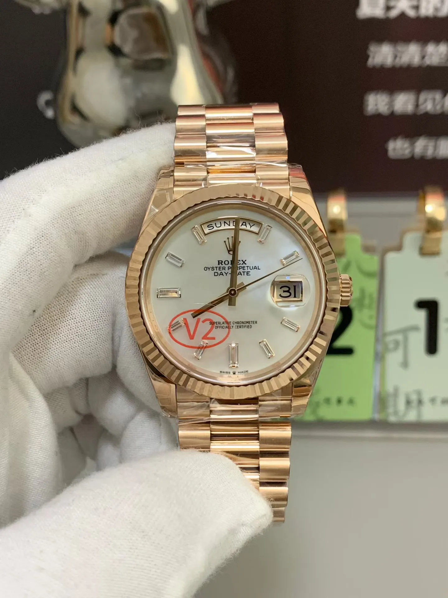 VS Factory Rolex Day-Date 40 Everose Gold White Baguette Diamond Dial (228235) V2 1:1 Super Clone - DD3255 Movement - VS Factory Official