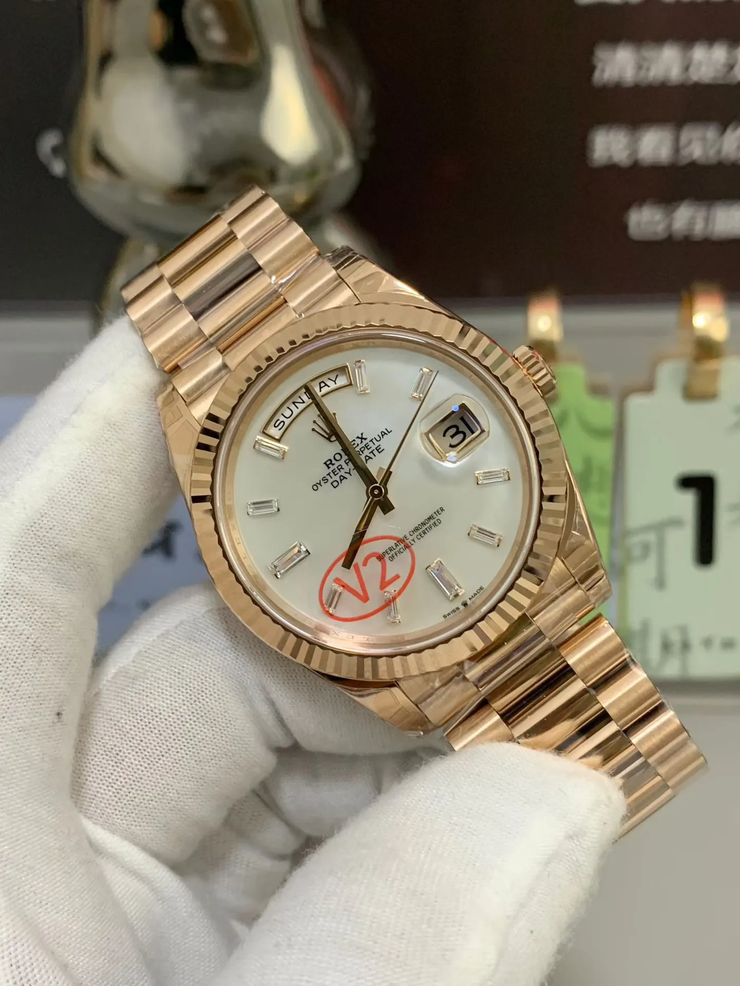 VS Factory Rolex Day-Date 40 Everose Gold White Baguette Diamond Dial (228235) V2 1:1 Super Clone - DD3255 Movement - VS Factory Official photo 4