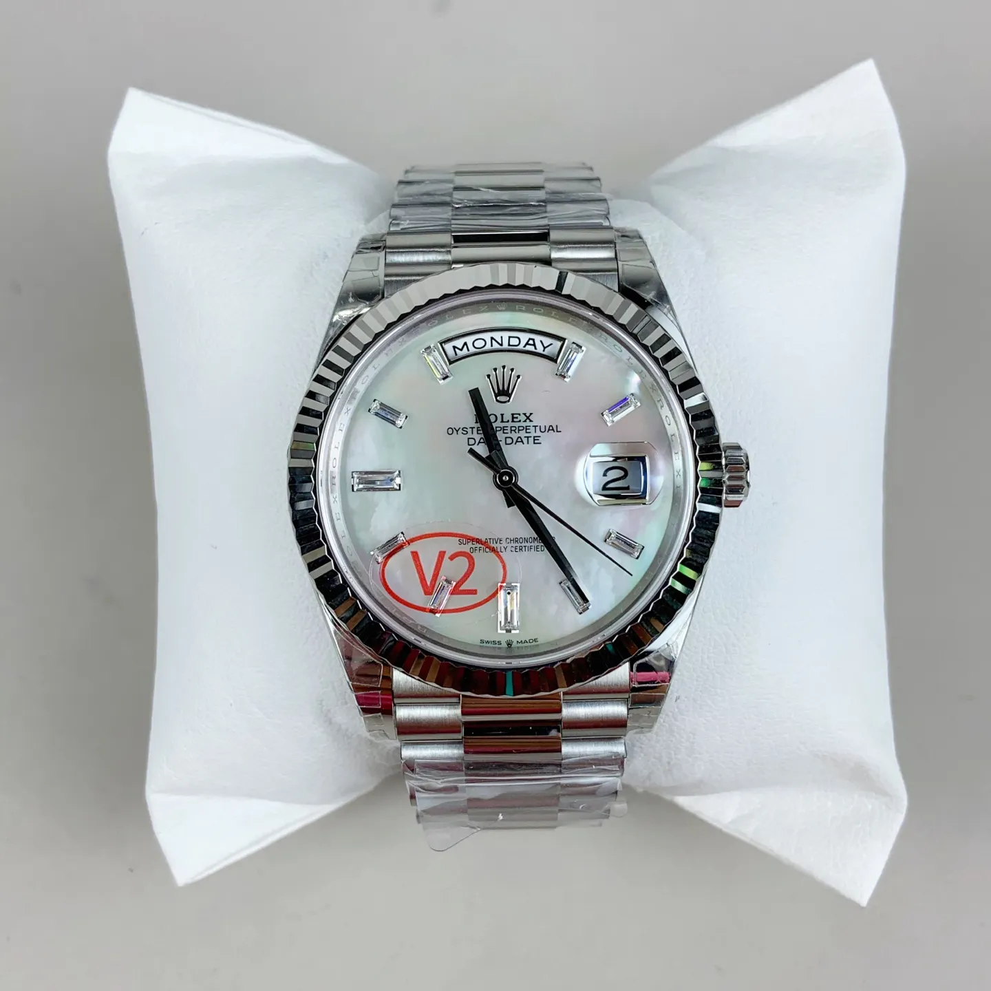 VS Factory Rolex Day-Date 40 White Mother of Pearl Baguette Diamond Dial (228236) 1:1 Super Clone – DD3255 Movement - VS Factory Official