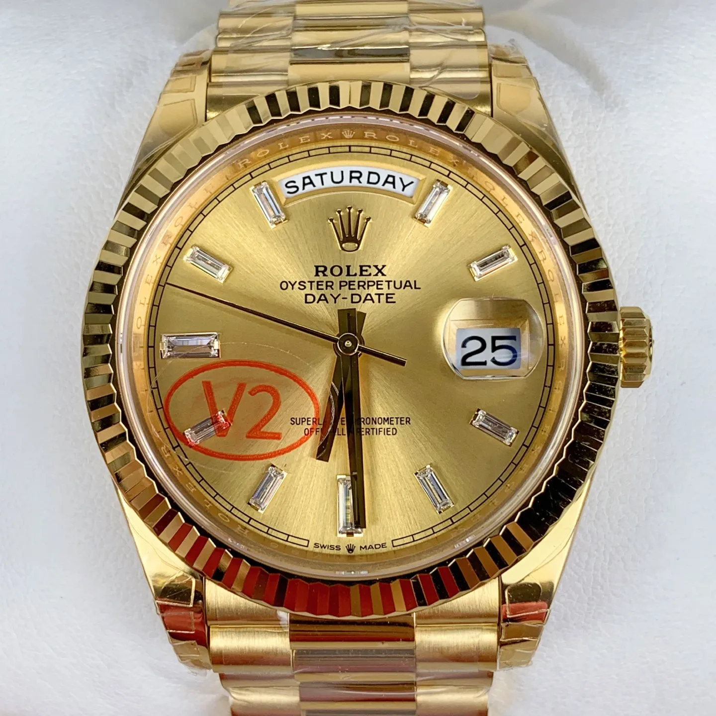 VS Factory Rolex Day-Date 40 Yellow Gold Champagne Baguette Diamond Dial (228238) V2 1:1 Super Clone - DD3255 Movement - VS Factory Official photo 3