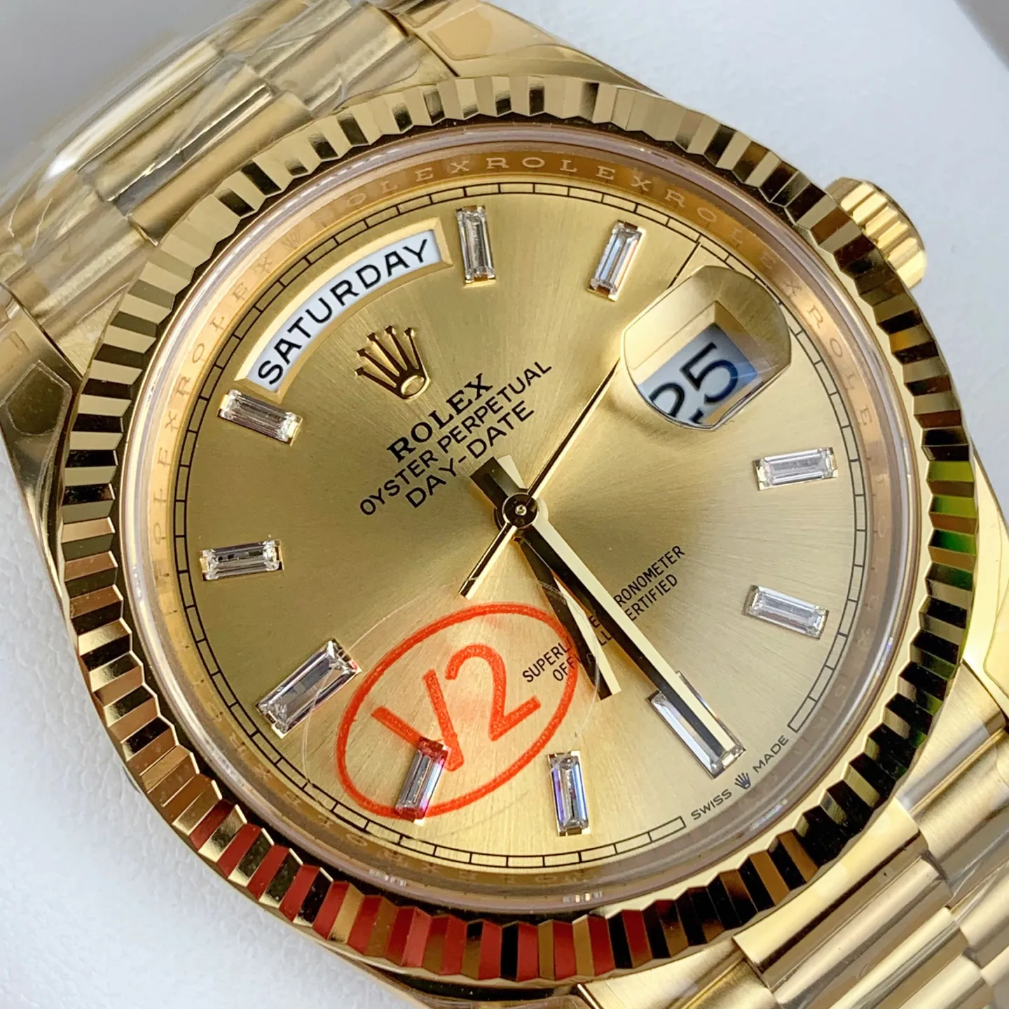 VS Factory Rolex Day-Date 40 Yellow Gold Champagne Baguette Diamond Dial (228238) V2 1:1 Super Clone - DD3255 Movement - VS Factory Official photo 4
