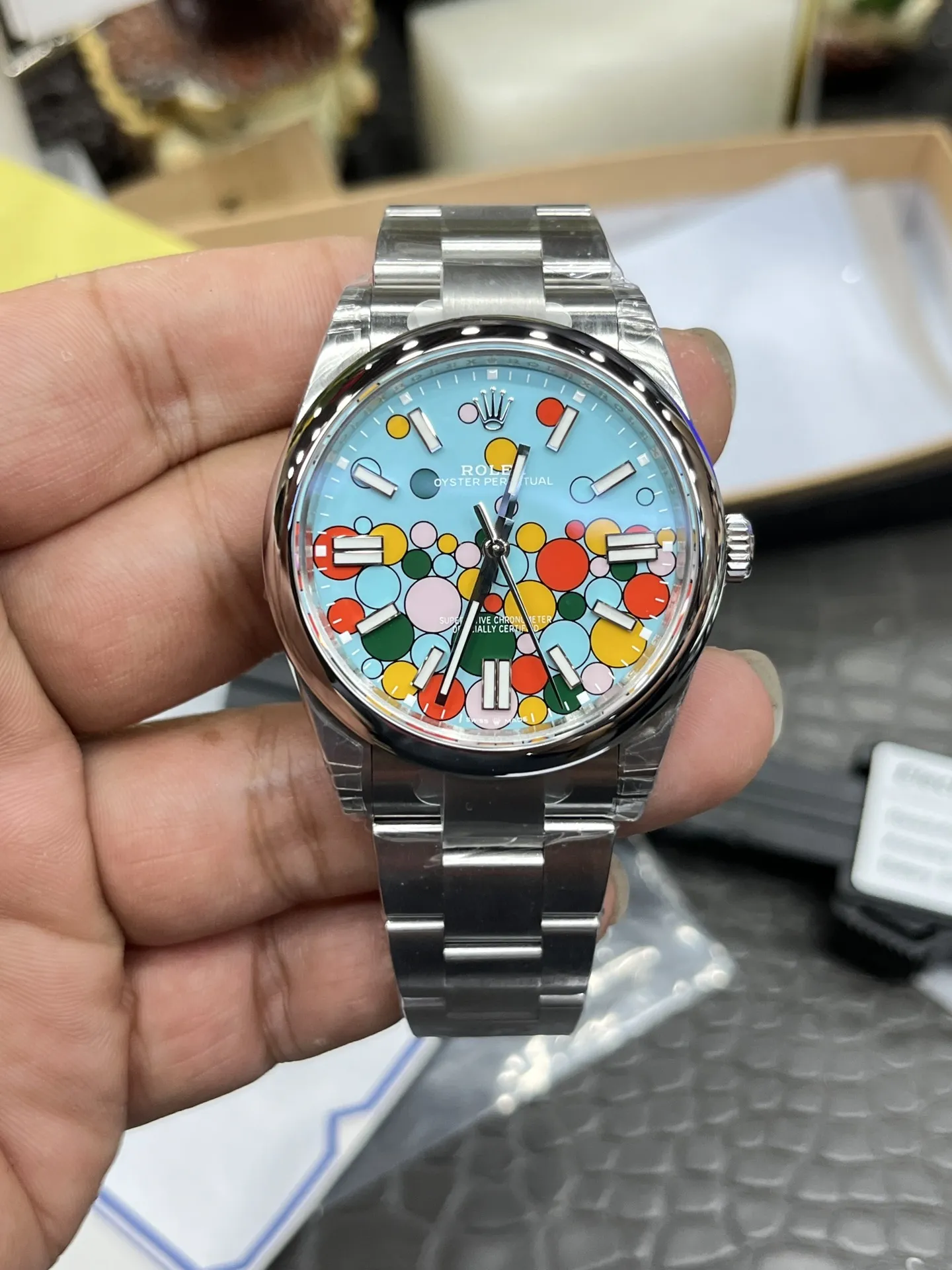 VS Factory Rolex Oyster Perpetual 41mm "Celebration Bubble" Motif Dial Smooth Bezel Oyster Bracelet (124300) 1:1 Super Clone - DD3230 Movement - VS Factory Official