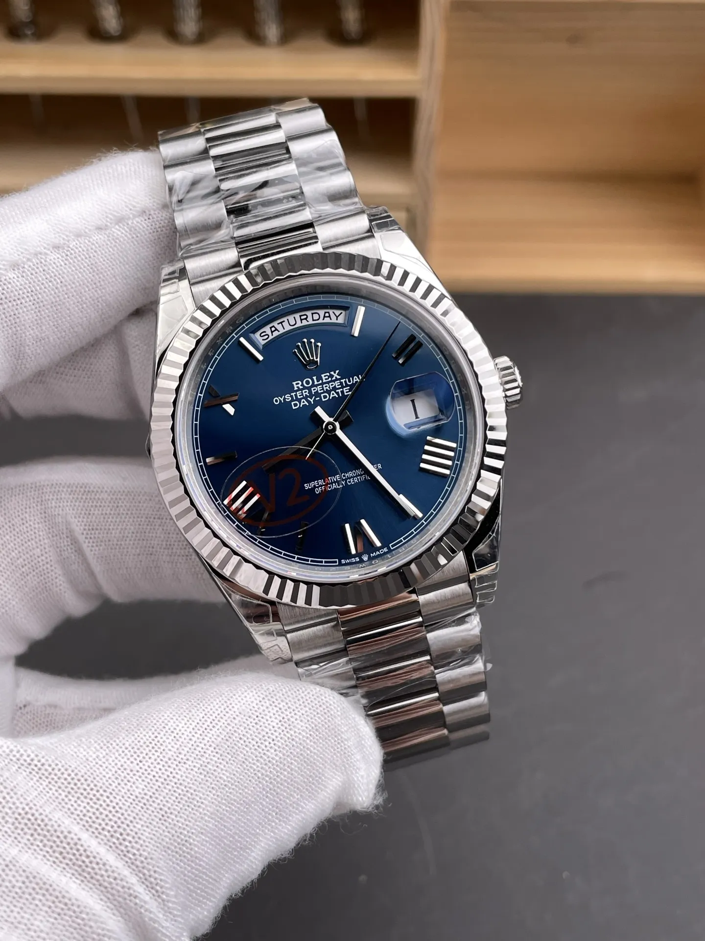 VS Factory (V2) Rolex Day-Date 40mm Blue Sunburst Roman Dial Fluted Bezel President Bracelet (228239) 1:1 Super Clone - DD3255 Movement - VS Factory Official photo 4